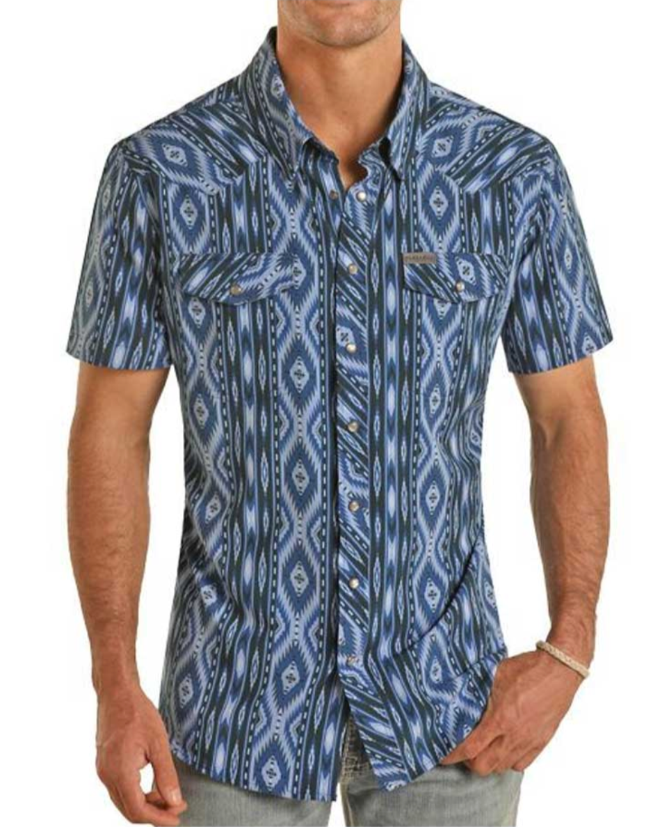 Panhandle Aztec Snap Short Sleeve Shirt - Blue