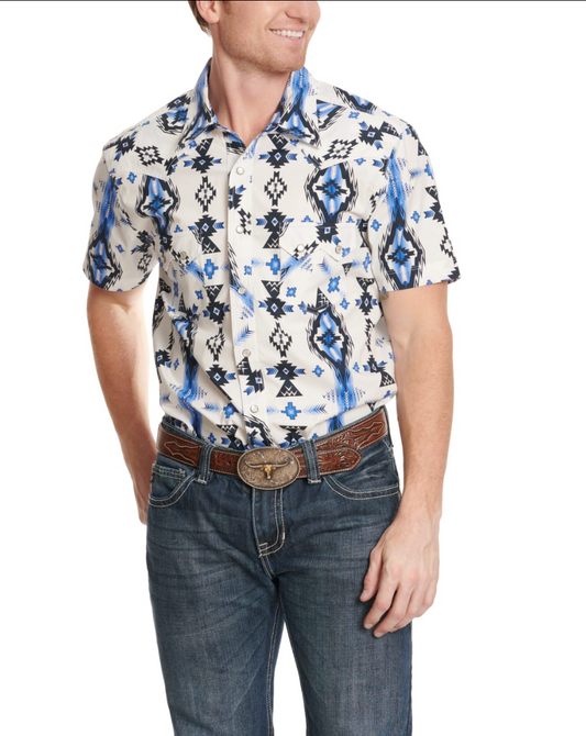 Rock & Roll Denim Men's White & Cornflower Blue Aztec Print Short Sleeve Western Shirt