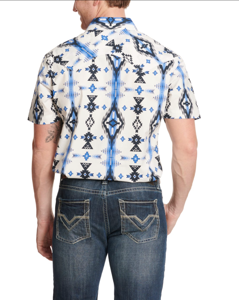 Rock & Roll Denim Men's White & Cornflower Blue Aztec Print Short Sleeve Western Shirt
