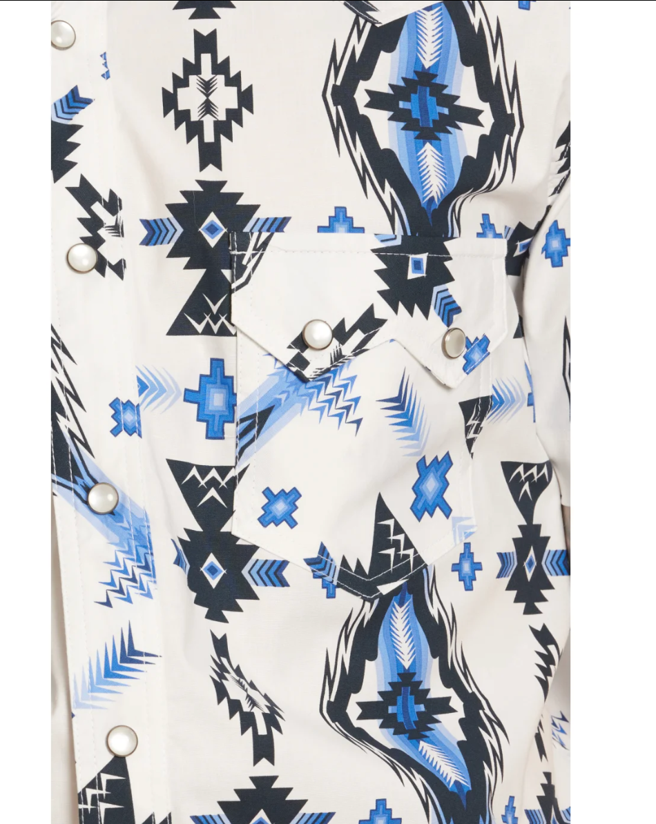 Rock & Roll Denim Men's White & Cornflower Blue Aztec Print Short Sleeve Western Shirt