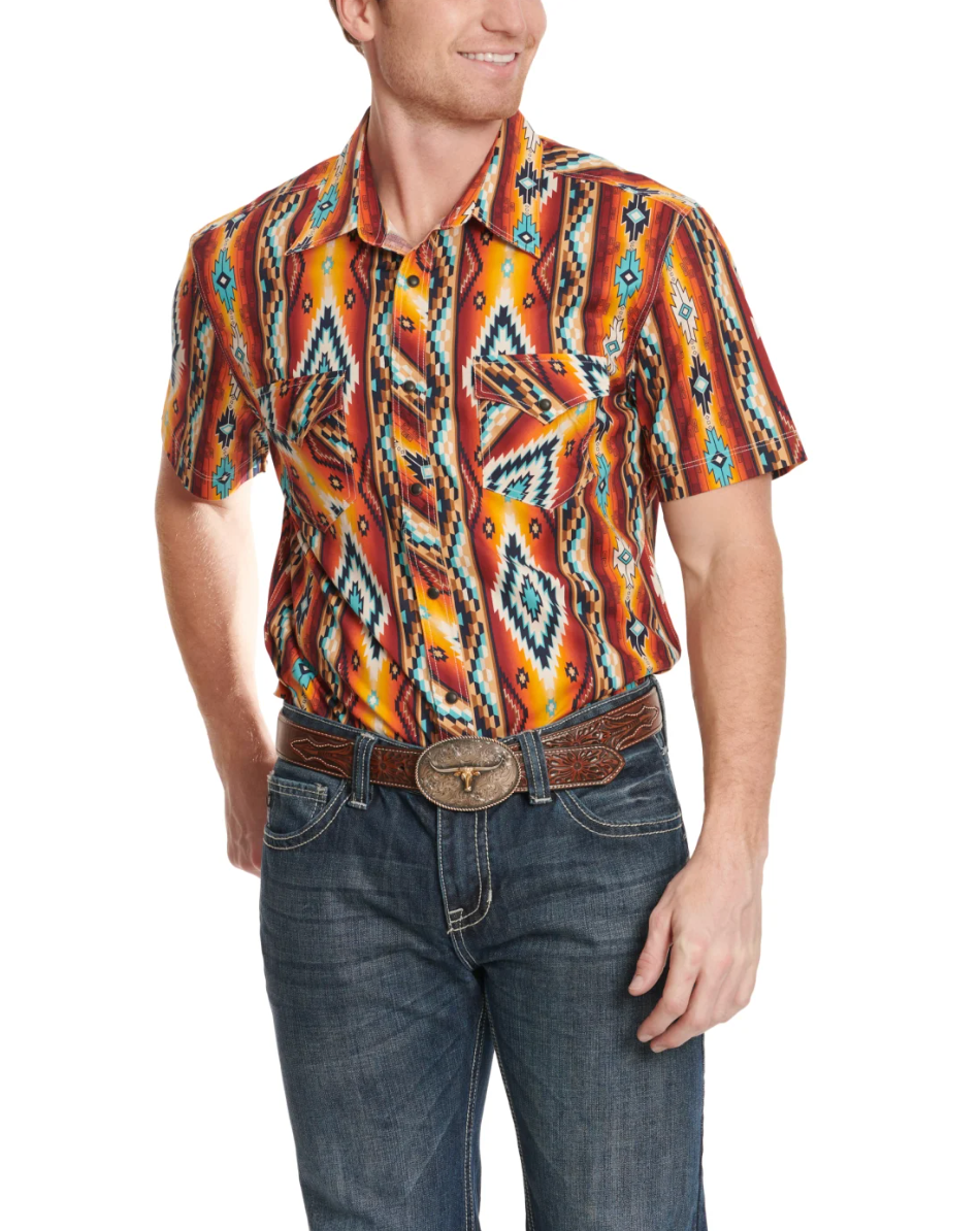 Rock & Roll Denim Men's Fiery Sunset & Turquoise Aztec Short Sleeve Western Shir