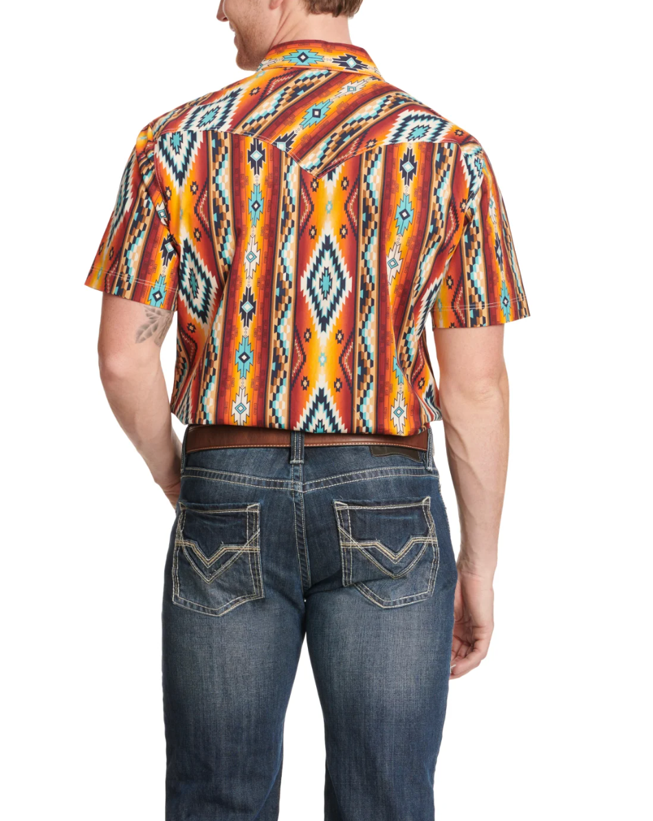 Rock & Roll Denim Men's Fiery Sunset & Turquoise Aztec Short Sleeve Western Shir