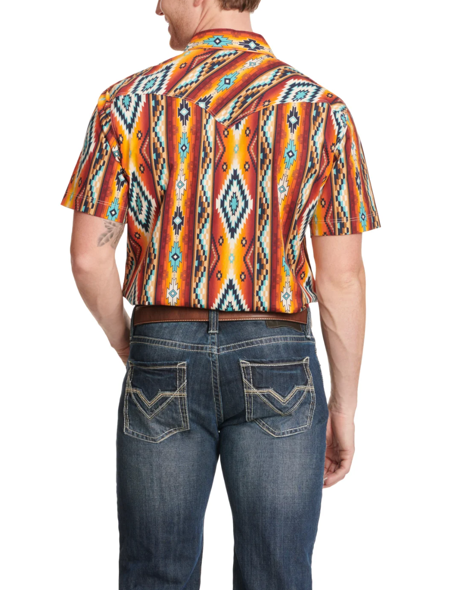 Camisa vaquera de manga corta azteca turquesa y puesta de sol ardiente para hombre de Rock &amp; Roll Denim