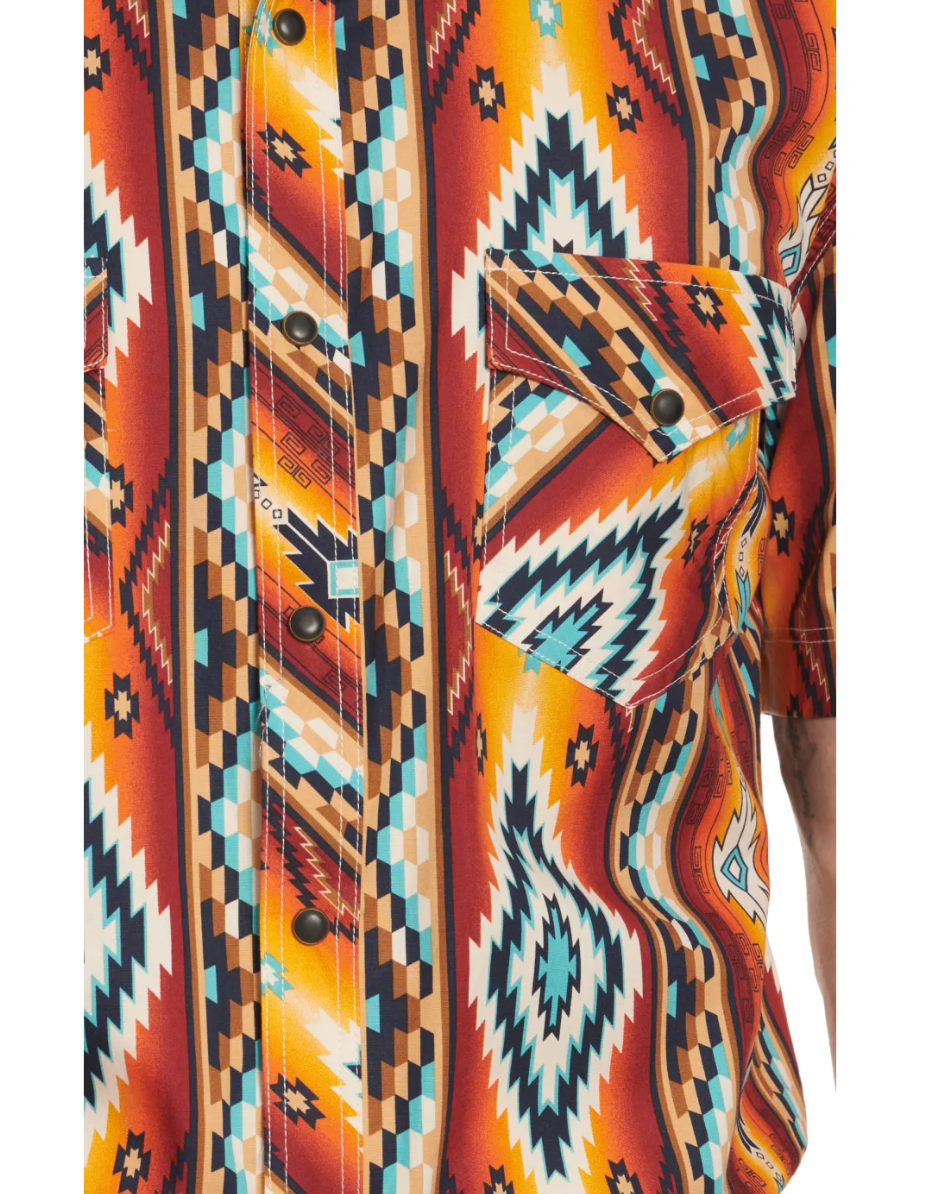 Rock & Roll Denim Men's Fiery Sunset & Turquoise Aztec Short Sleeve Western Shir