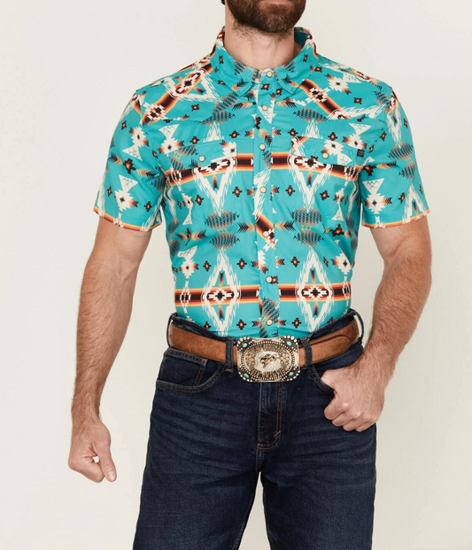 Rock & Roll Denim Tek Southwestern Shirt - Turquoise Large, Men's