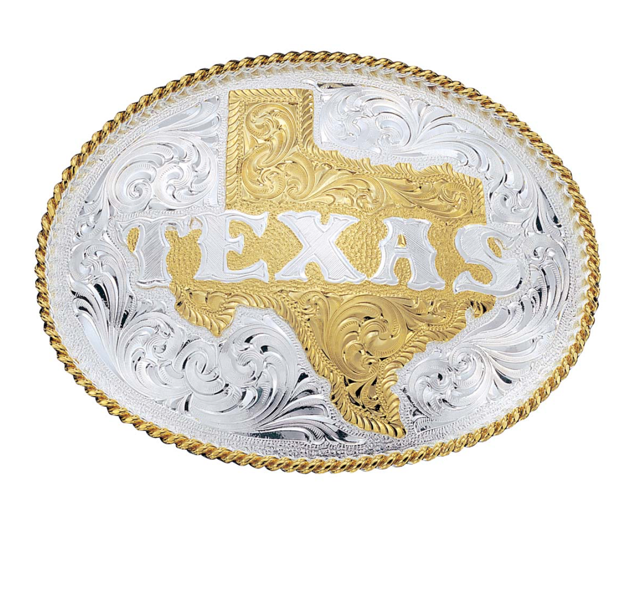 Hebilla de cinturón estilo western grabada en plata con el estado de Texas grabado