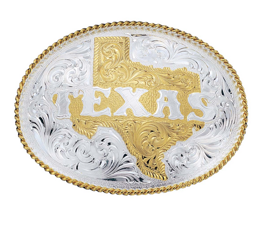 Silver Engraved Western Belt Buckle with Etched State of Texas