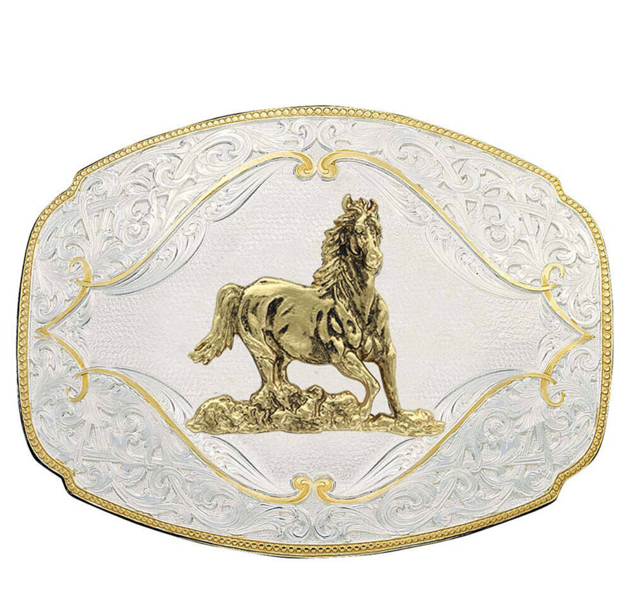 Gold Flourish Western Belt Buckle with Galloping Horse