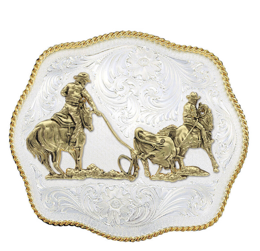 Scalloped Western Belt Buckle with Team Ropers