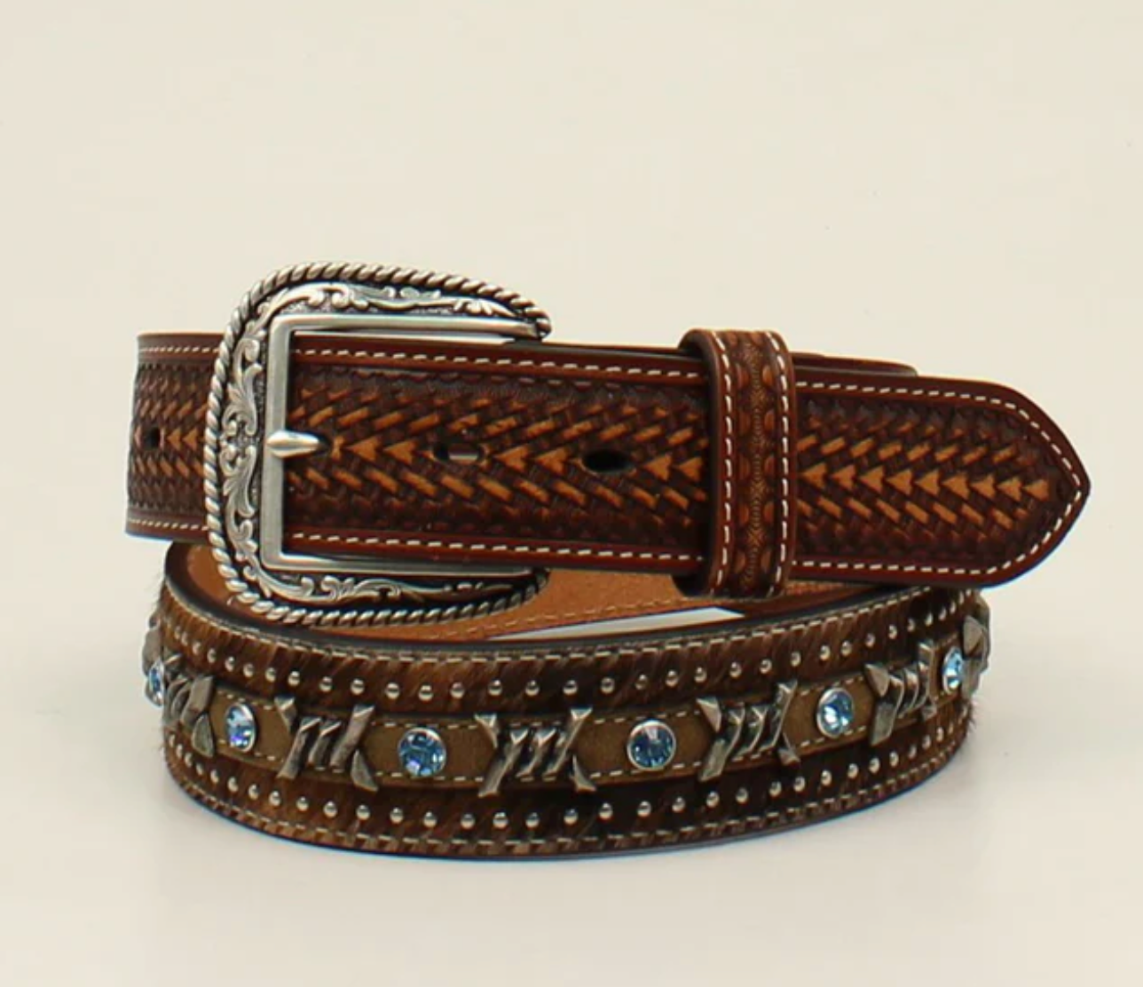 ARIAT MEN'S CALF HAIR BARBWIRE TURQUOISE RHINESTONE BELT