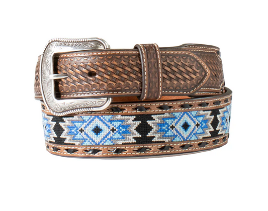 3D MEN'S BELT - BROWN W/BLUE DIAMOND INLAY