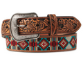 Cinturón estilo western 3D Belt Co. para hombre, color marrón con puntada azteca, rojo y turquesa