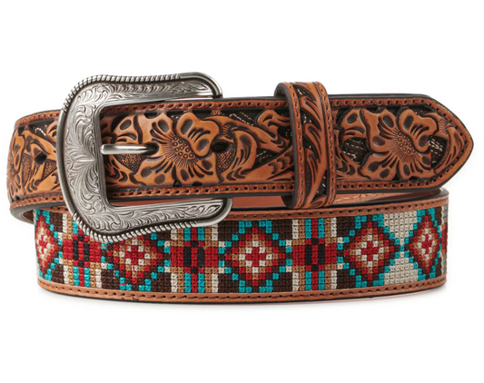 3D Belt Co Men's Brown with Tan, Red and Turquoise Aztec Stitch Western Belt