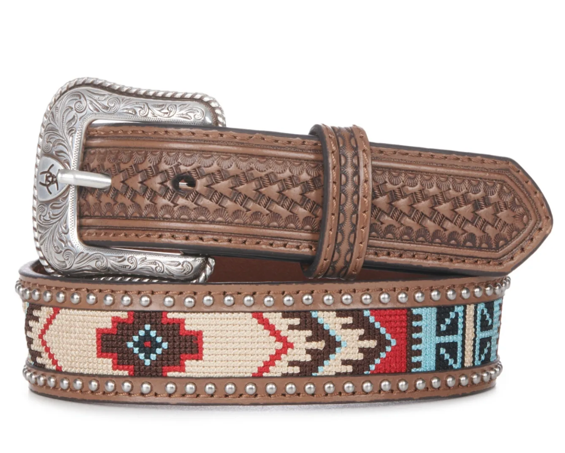 Ariat Men's Brown with Aztec and Studs Basketweave Western Belt