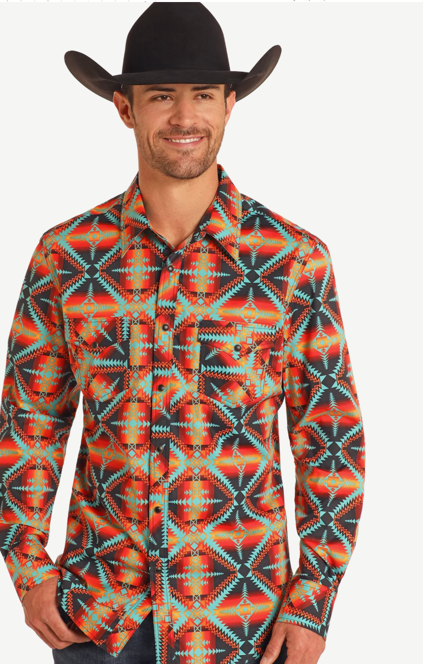 SLIM FIT RED AZTEC LONG SLEEVE SNAP SHIRT