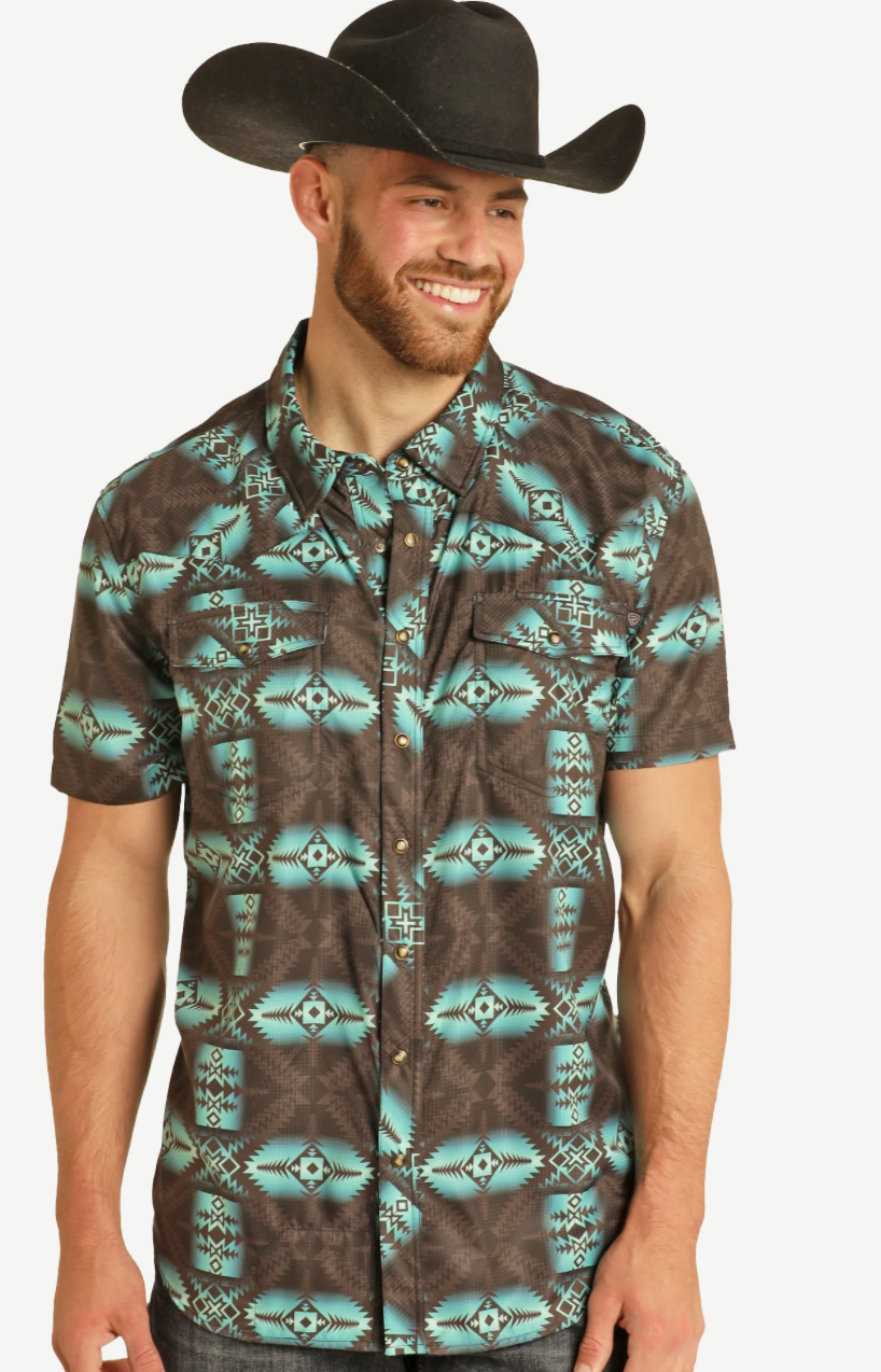 CAMISA DE MANGA CORTA AZTECA MARRÓN WESTERN TEK