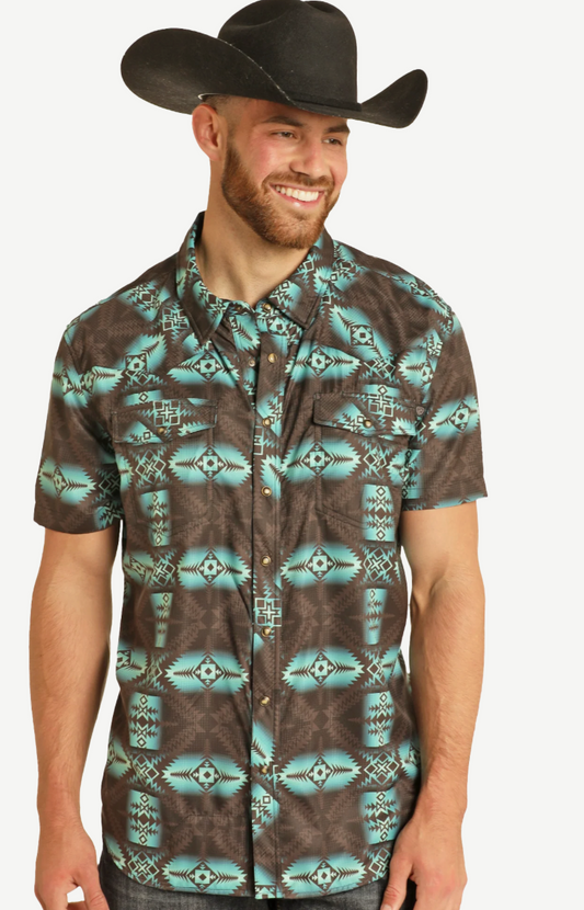 TEK WESTERN BROWN AZTEC SHORT SLEEVE SHIRT