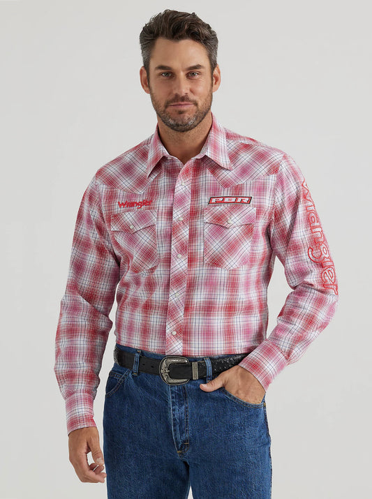 MENS PBR LOGO LONG SLEEVE PLAID WESTERN SNAP SHIRT:CHERRY PLAID