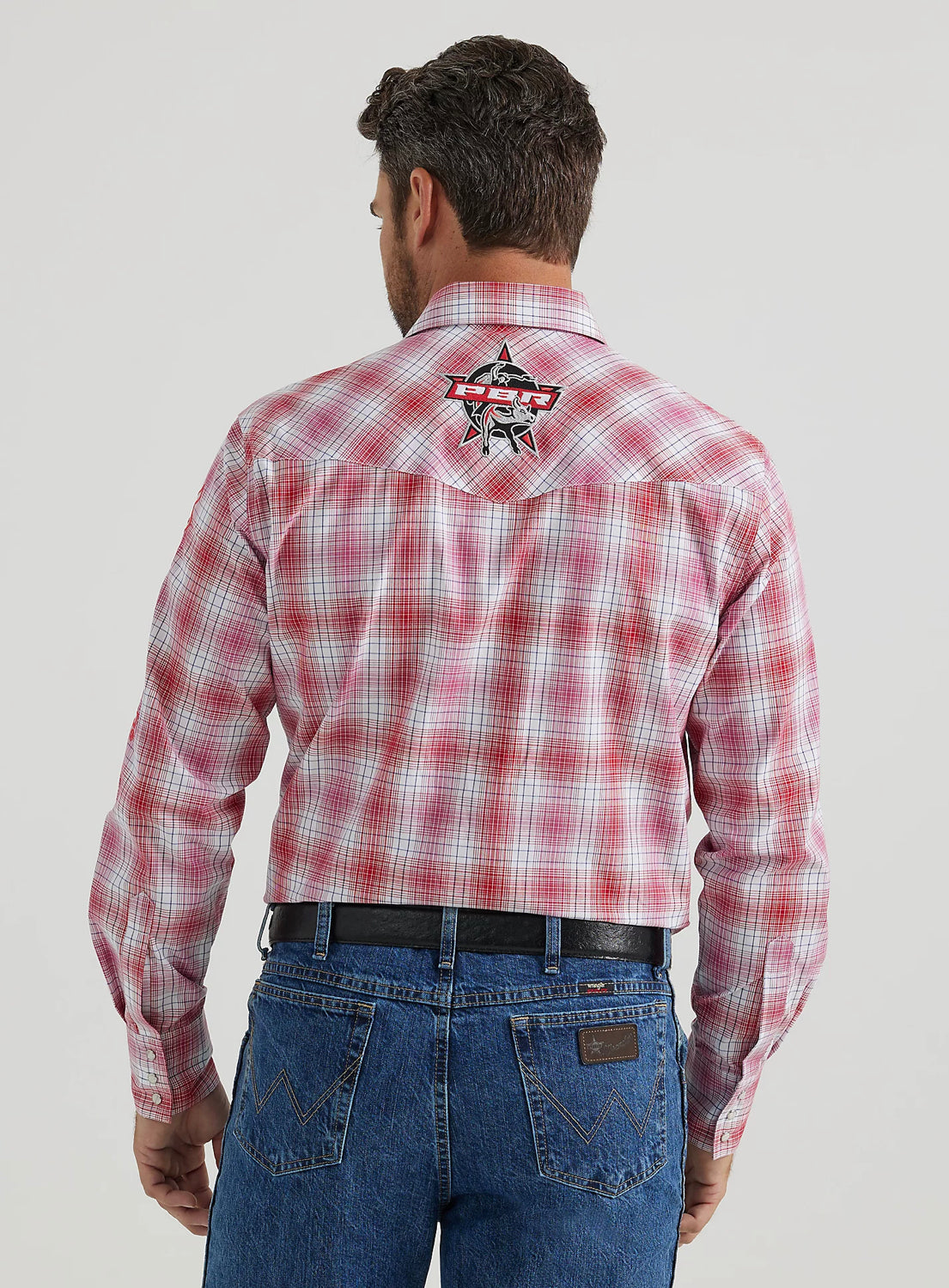 MENS PBR LOGO LONG SLEEVE PLAID WESTERN SNAP SHIRT:CHERRY PLAID