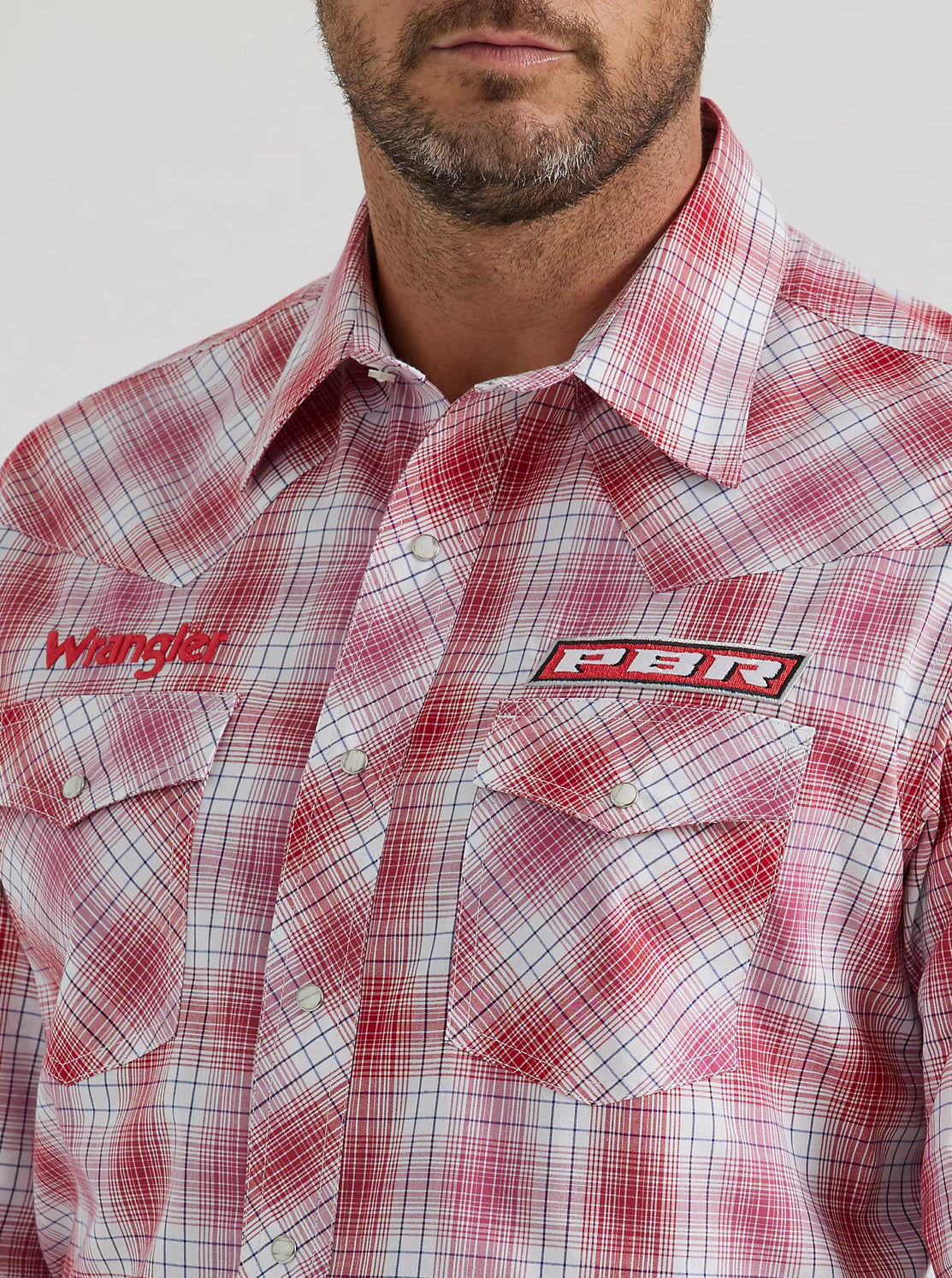 MENS PBR LOGO LONG SLEEVE PLAID WESTERN SNAP SHIRT:CHERRY PLAID