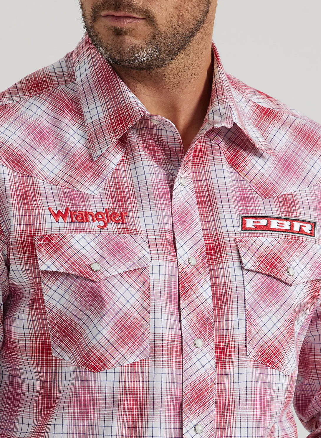 MENS PBR LOGO LONG SLEEVE PLAID WESTERN SNAP SHIRT:CHERRY PLAID